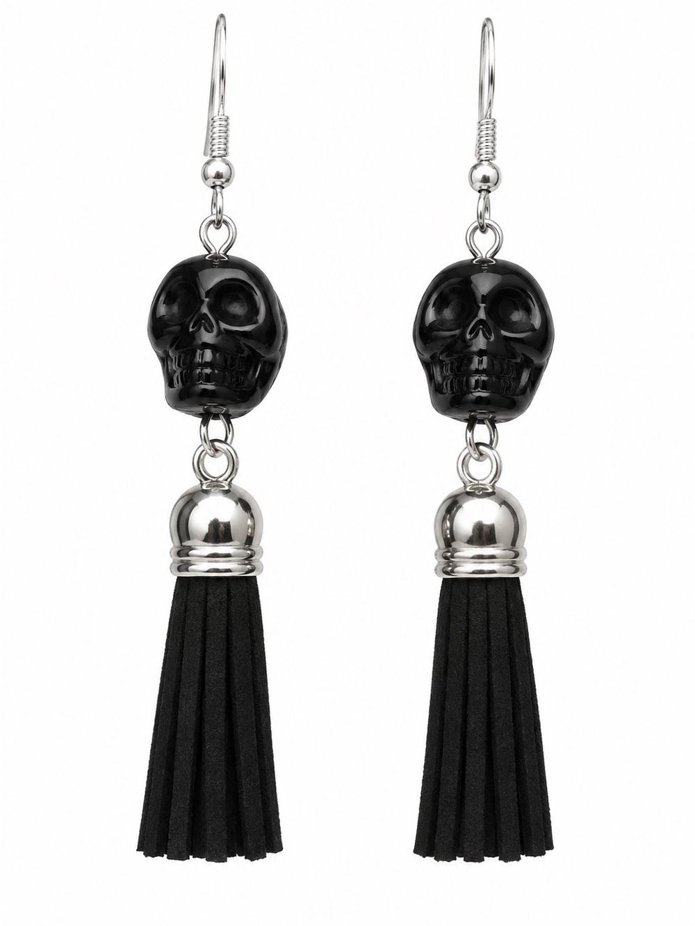 Black Ceramic Skull Tassel Earrings